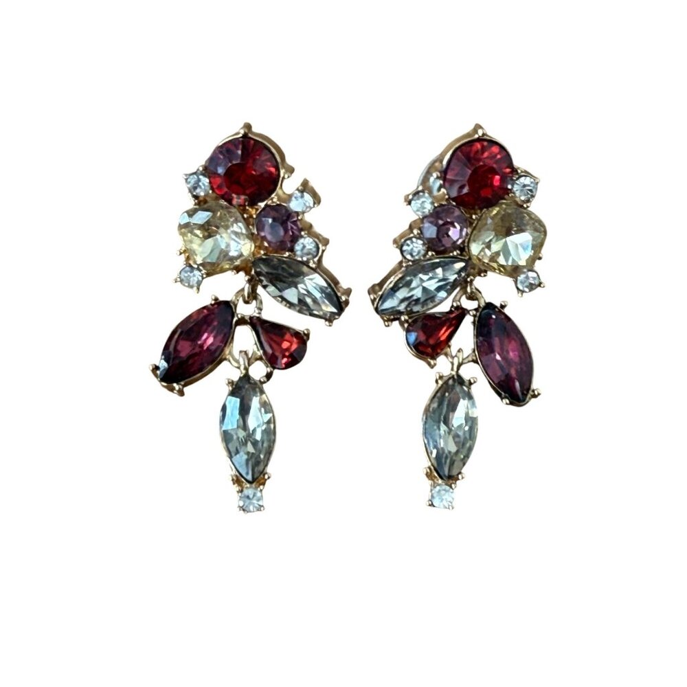 Vintage Rhinestone Cluster Earrings Gold-Tone Red & Clear Stones